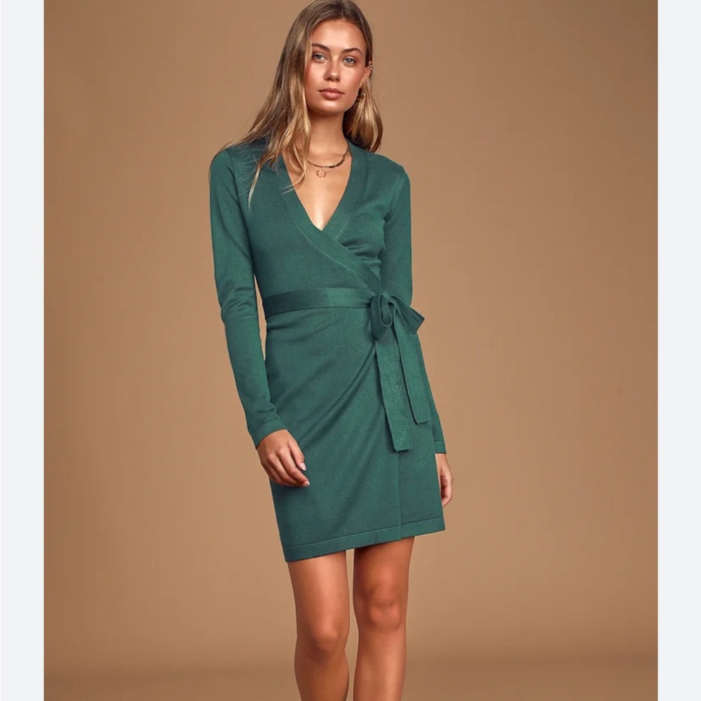 Lulu’s Literary Lover Forest Green Wrap Sweater Dress